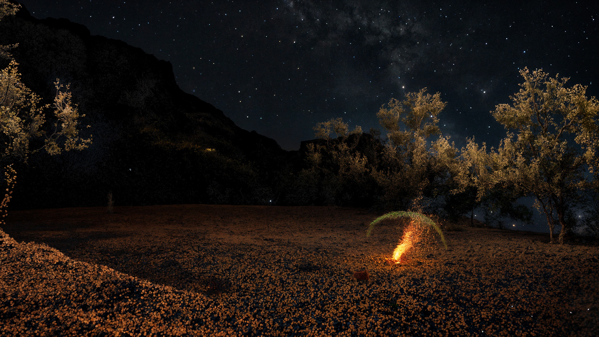 A screenshot from one of the scenes in There Exists showing a campfire