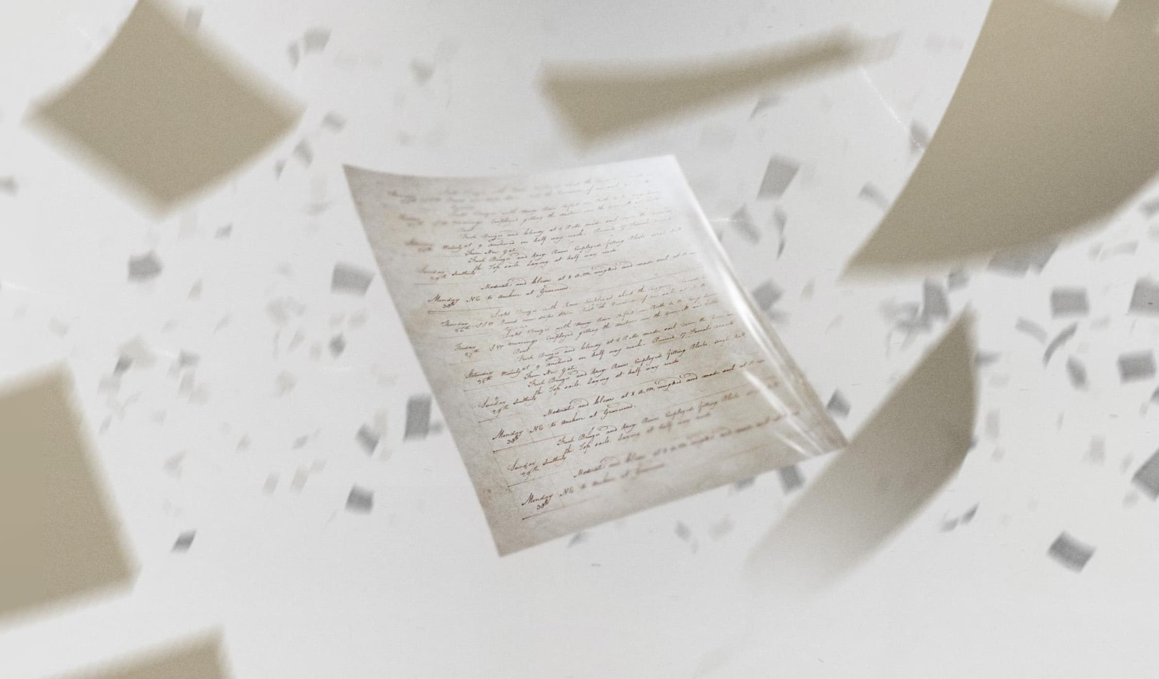An archival document featuring indecipherable handwritten text suspended in a white, ethereal space among other floating papers